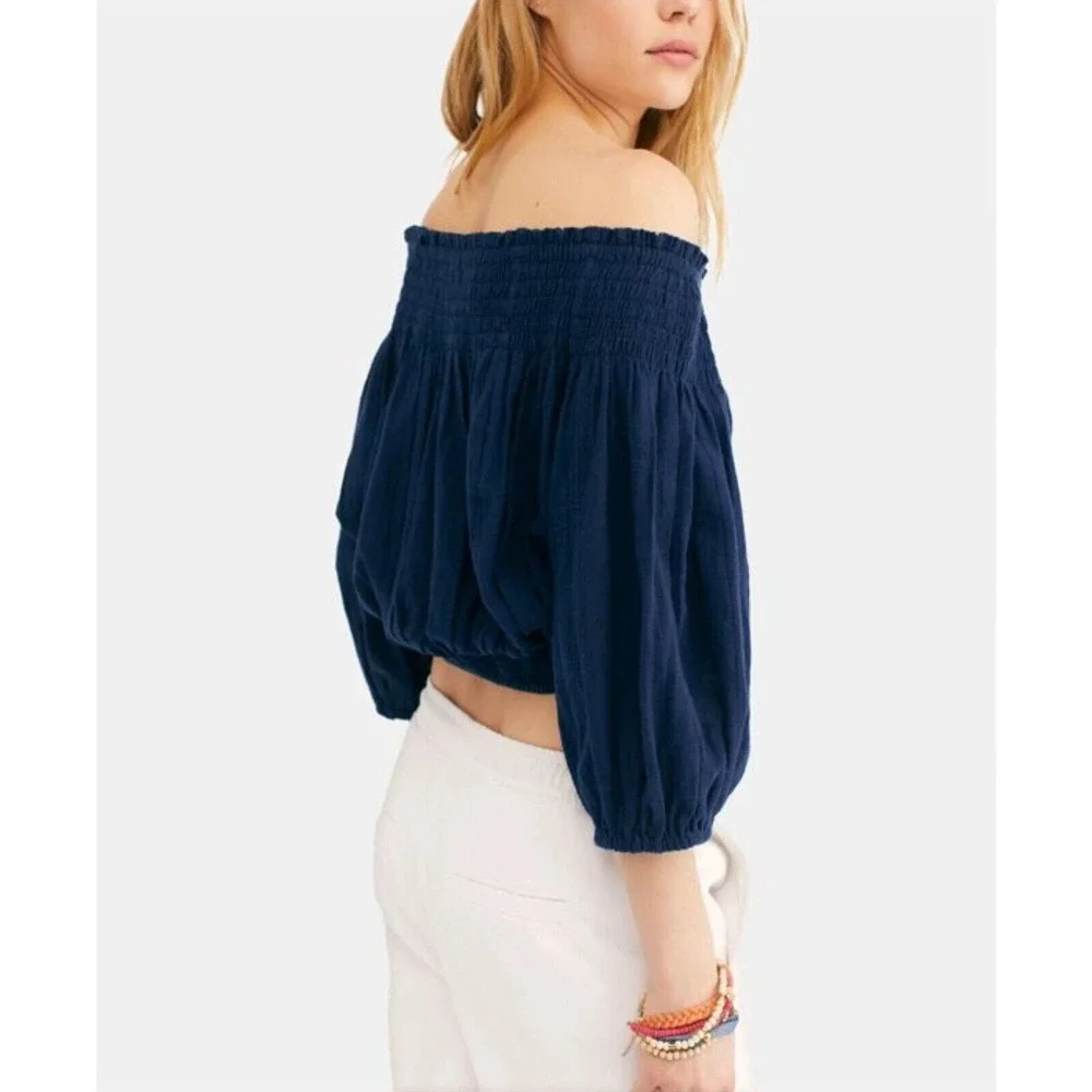 NEW Free People Navy Dancing Till Dawn Off the Shoulder Cotton Cropped Top Sz XS